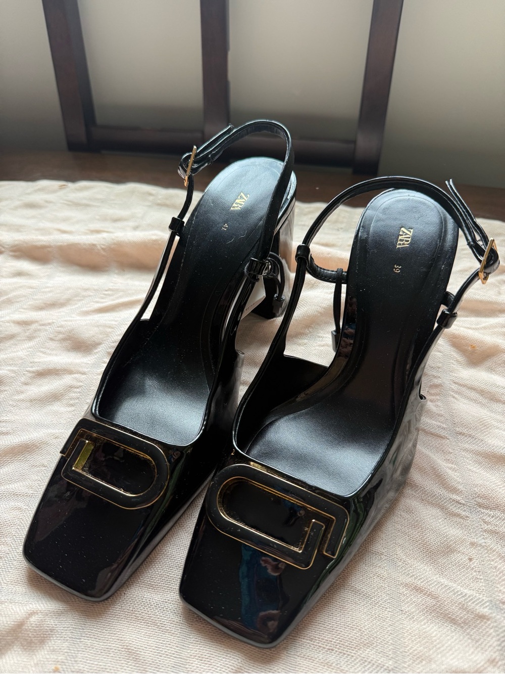 Zara Black Patent Slingback Heels with Gold Buckle Accent